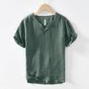 Summer 100% Natural Linens Tees Men Chinese Style Retro Clothes Solid Color Stand Collar V-Neck Short Sleeves Tops&T-shirts Casual Breathable Tshirt