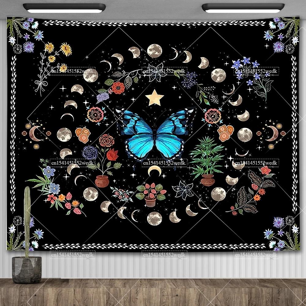 Psychedelic Bohemian Wall Tapestry For Living Room Moon Phase And Stars Tapestrys Butterfly Snake Tapestries Tarot Altar Cloths
