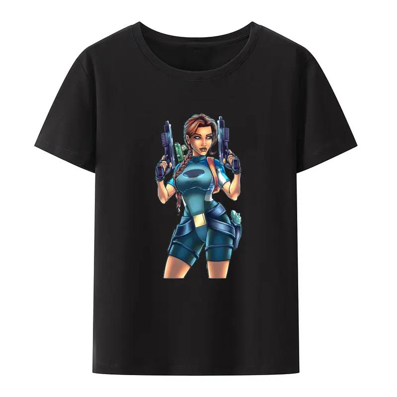 Tomb Raider Lara Croft Black White Print T Shirt Men Women Short Sleeve Oneck Fashion Streetwear Creative Popular Hipster Shirt