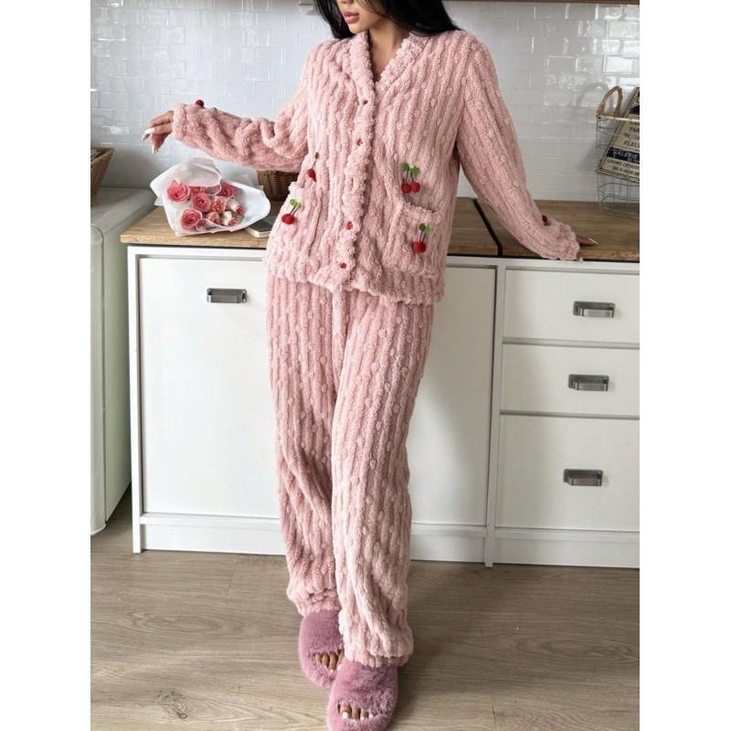 Set Pijama Călduros Căptușit cu Fleece pentru Femei Mânecă Lungă Decolteu în V Îmbrăcăminte de Noapte cu Imprimeu Cireșe Confortabil pentru Casă