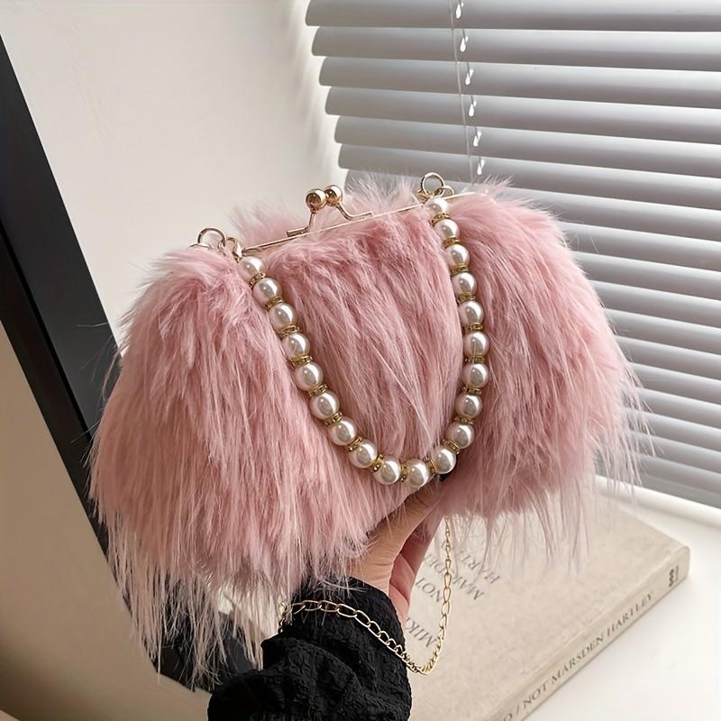 

Elegant Faux Fur Satchel With Pearl Handle Plush Fluffy Evening Clutch Fashionable Soft Women S Purse Solid Color Kiss Clasp Handbag рожевий