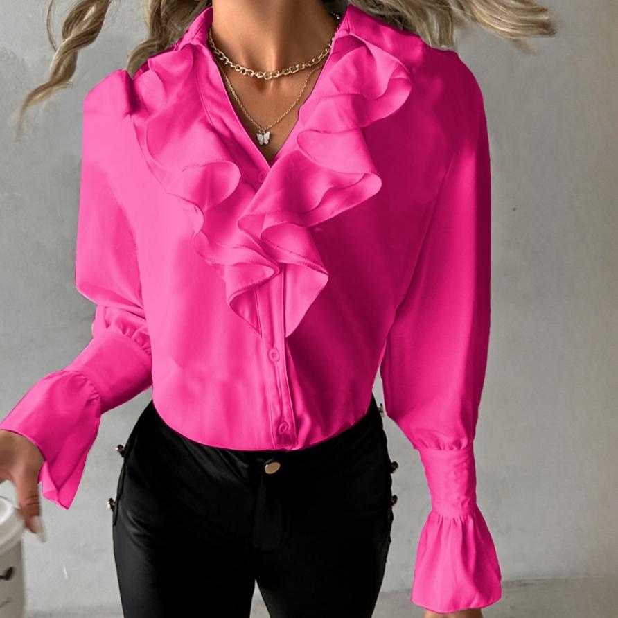 

BITCED Женская осенняя мода с оборками, длинным рукавом, V-образным вырезом, однотонная женская рубашка, блузка XXL розовый