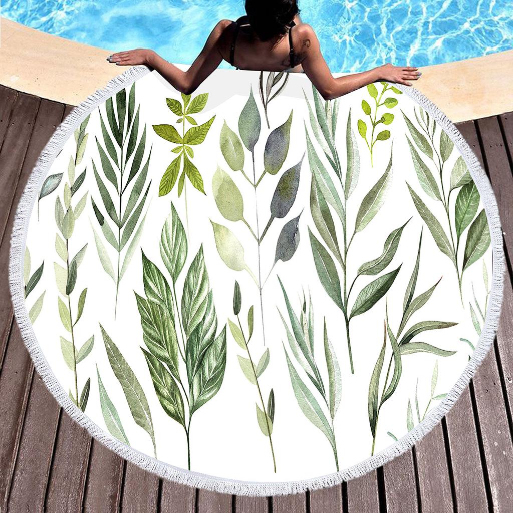 Summer Leaves Round Beach Towel Eucalyptus Leaf Garland Microfiber Beach Blanket Soft Absorbent Quick Dry Bath Towel Picnic Mat