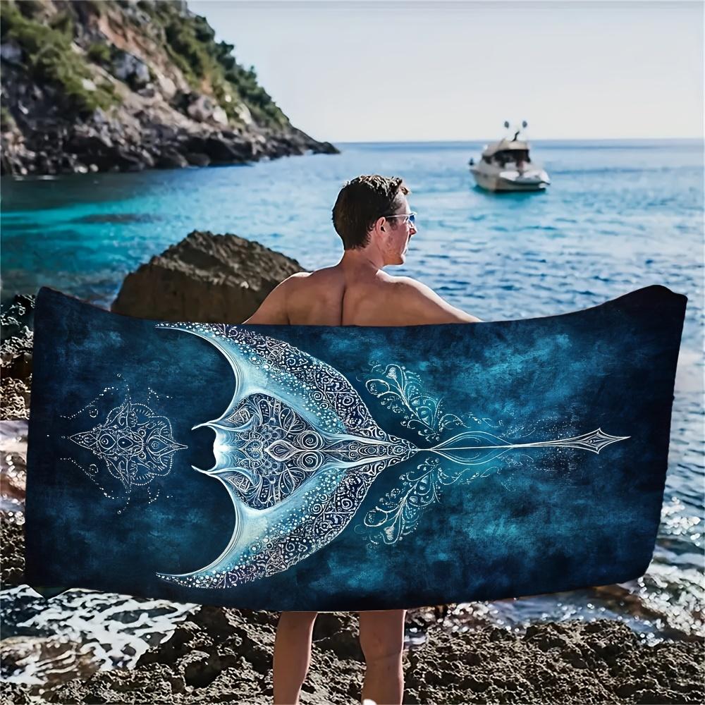 Deep Blue Carved Stingray Microfiber Beach Towel, Intricate Pattern Design, Gorgeous Fantasy Style Beach Essential