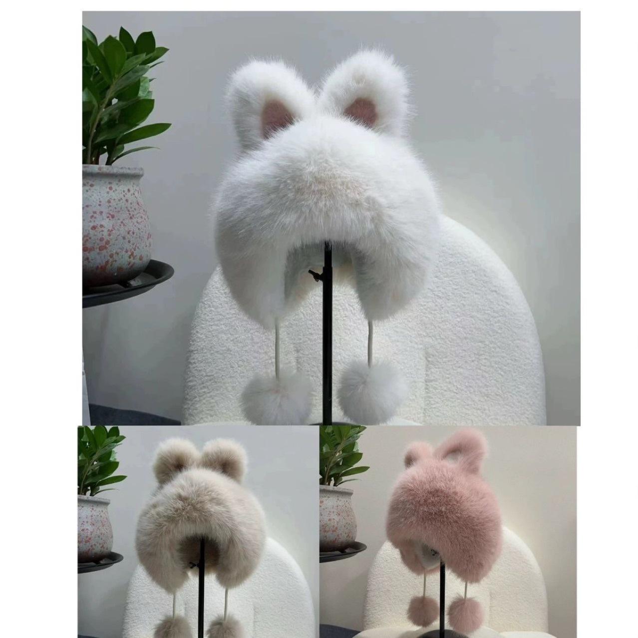 

Плюшевая шапка-кролик из лисьего меха для взрослых - Милая, теплая, зимняя защита ушей для моды родитель-ребенок . One Size (56-60 cm) бежевый