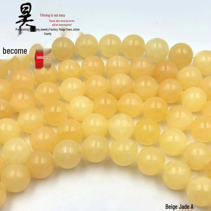 Natural A-Grade Beige Jade & Honey Chalcedony Bead Bracelet with Yellow Porcelain Accents and Tassel