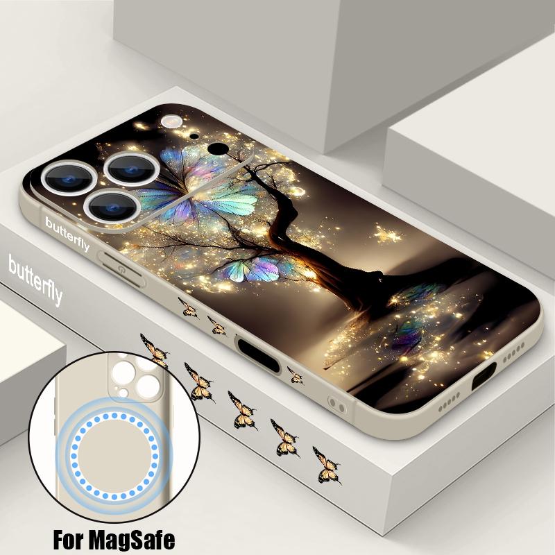 Shining Fantasy Tree Butterfly Case For iPhone 17 Pro Max Magnetic For Magsafe Silicone Cover For iPhone 16 Pro Max Funda iPhone 15 14 13 12 11 16E
