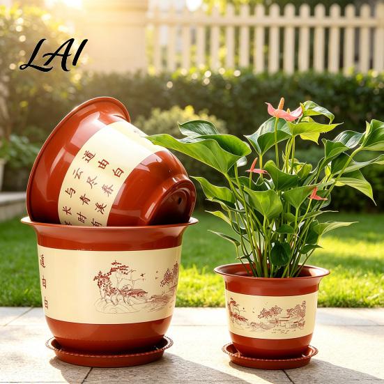 Weathered Finish Pot for Miniature Landscape Plastic Flower Large Plants with Drainage Holes & Saucer Tray Deep Nursery Healthy Root Growth