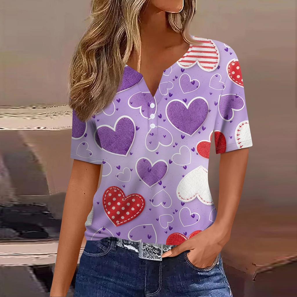 Women's Fashion Casual V,Neck Short,Sleeve T,Shirt With Decorative Buttons And Valentine's Day Print Top
