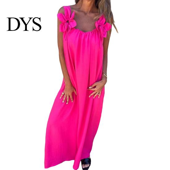 Three-dimensional Flower Design Dress Women 3D Rose Decor Shoulder Strap Sleeveless Pleated Slip Summer Long Loose Solid Color Backless Maxi for Beach