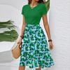 Women's Casual Fashion Belted Floral Print Short Sleeve Round Neck Elegant Dress