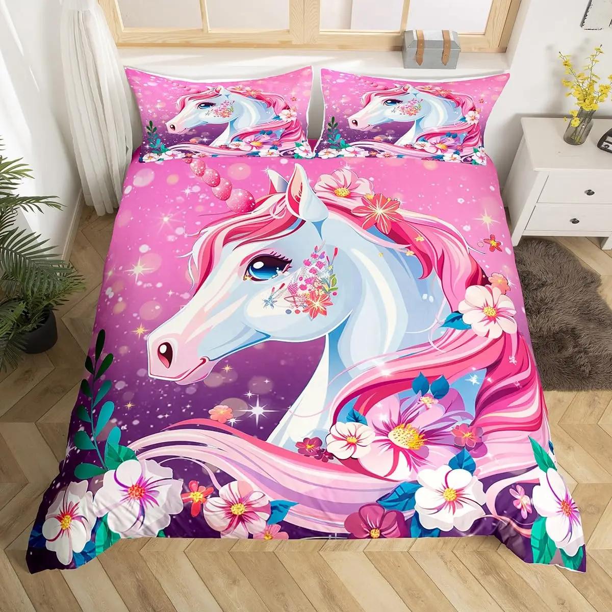 Cartoon Unicorn Duvet Cover TwinBohemian Floral Bedding Set Dreamy Horse Comforter Cover Princess Magical Unicorn Gift for Girl EU Single(135*200cm)3pcs