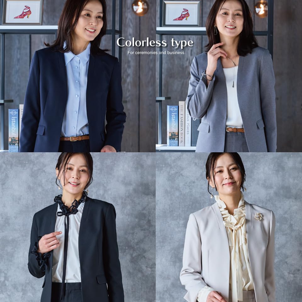 Pantsuit Collarless Tailored Tapered Business Suit GRAY Women's Set, Jacket, Washable, Odor-Eliminating Tape, Pants, (M, [Collarless Type] (02))