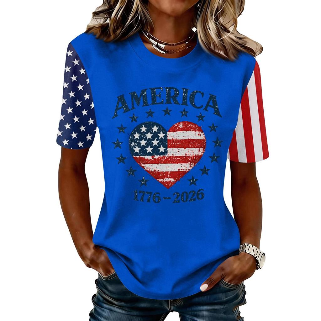 Blusa Feminina da Moda Casual de Manga Curta com Estampa e Gola Redonda