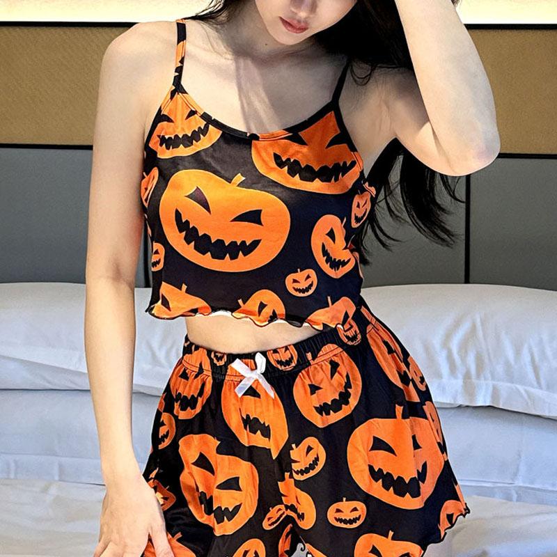 

Сексуальная женская пижама на Хэллоуин из шелка, подтяжки с принтом тыквы, домашняя одежда, пижамы, модное нижнее белье для девочек, домашняя одежда M оранжевый