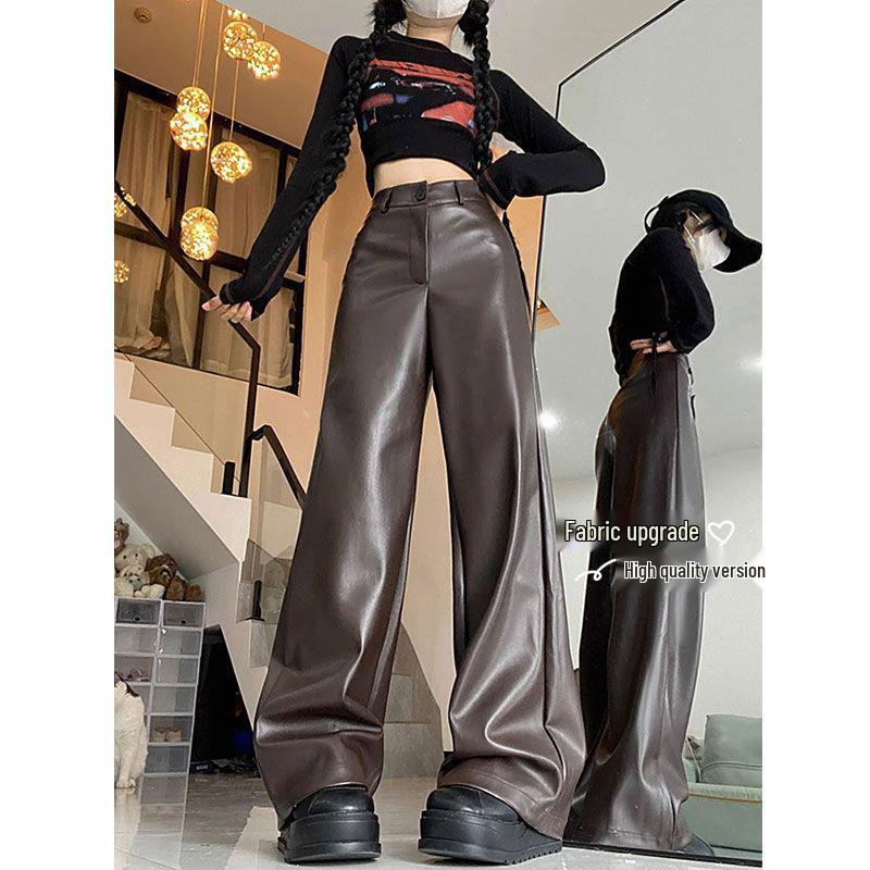 American Retro Plus Size High Waist PU Leather Wide-Leg Pants for Women - Slimming Casual Spring/Autumn Floor-Length Style