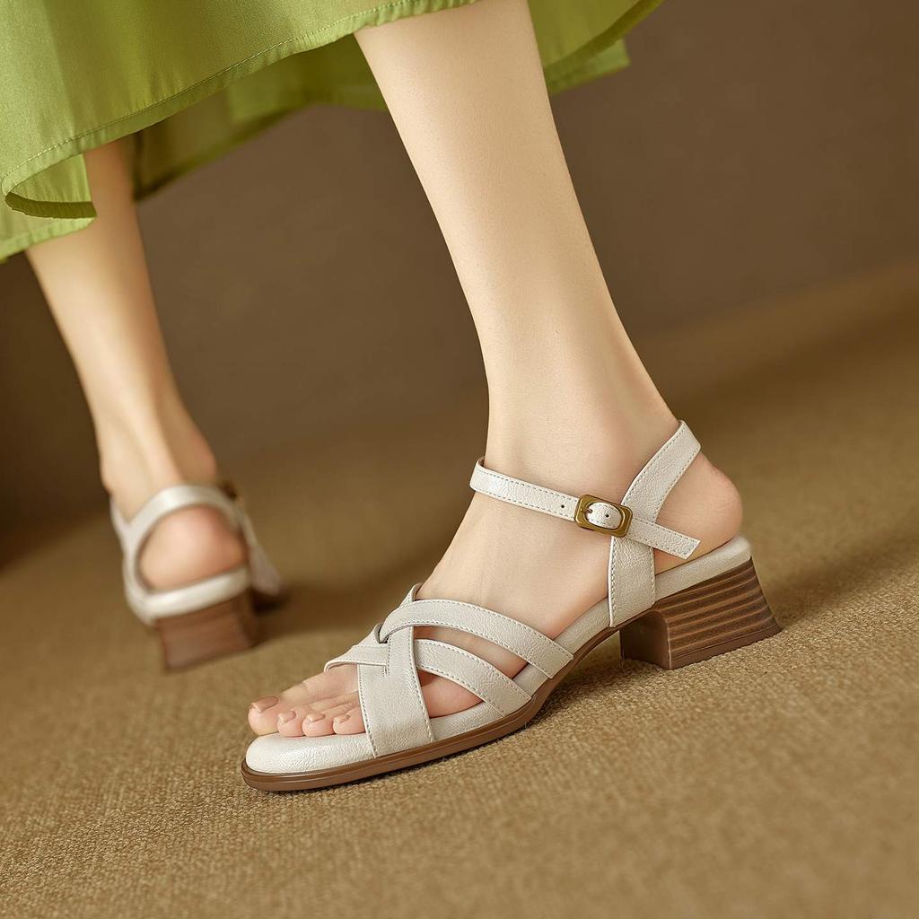 Krazing Pot Cow Skin Thick Med Heels Peep Toe Summer Size 42 Brand Shoes Street Wear Gladiator Elegant Women Sandals