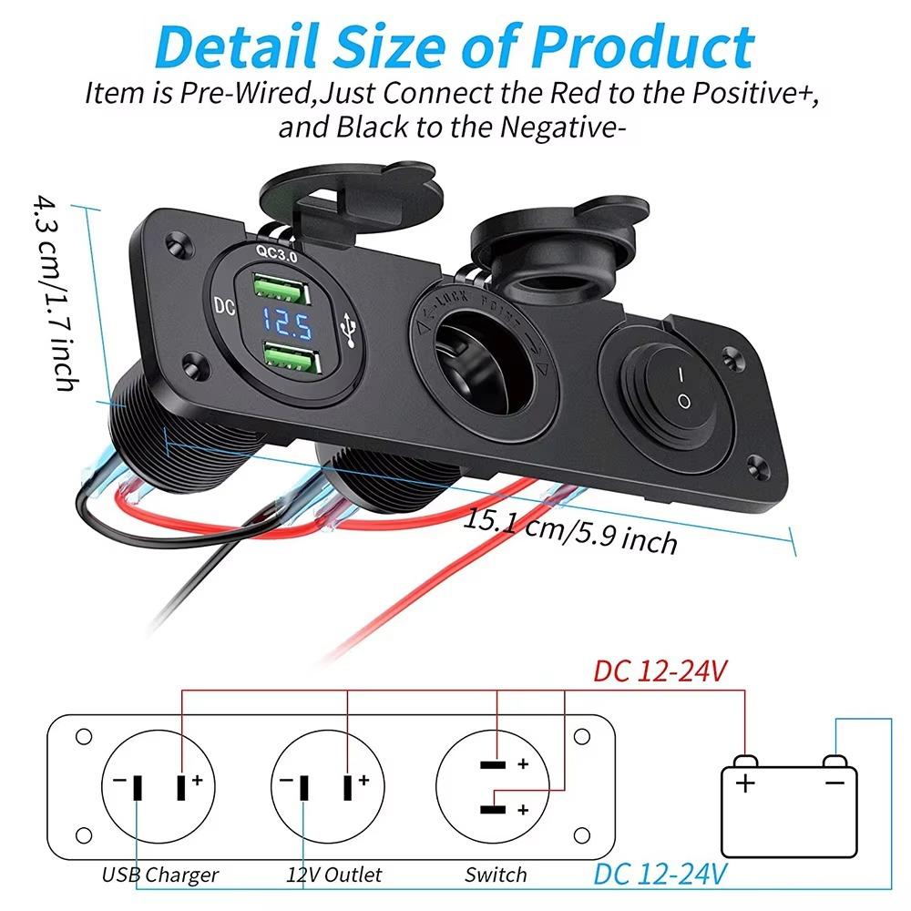 12V Cigarette Lighter Socket 3 in 1 Waterproof Car Dual QC3.0 USB Outlet Panel for RV Marine Boat Power Socket Charger Socket
