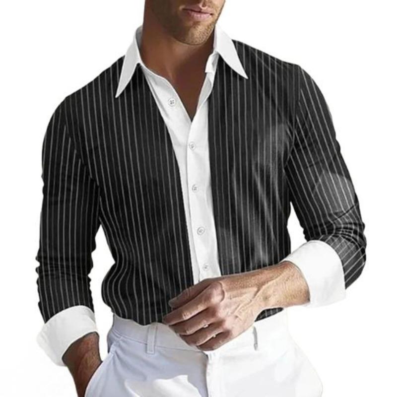 

Yousheng Men Shirt Long Sleeve Lapel Design Shirt Tops with Buttons Placket Striped Print Patchwork Color Work Shirt 3XL чорний