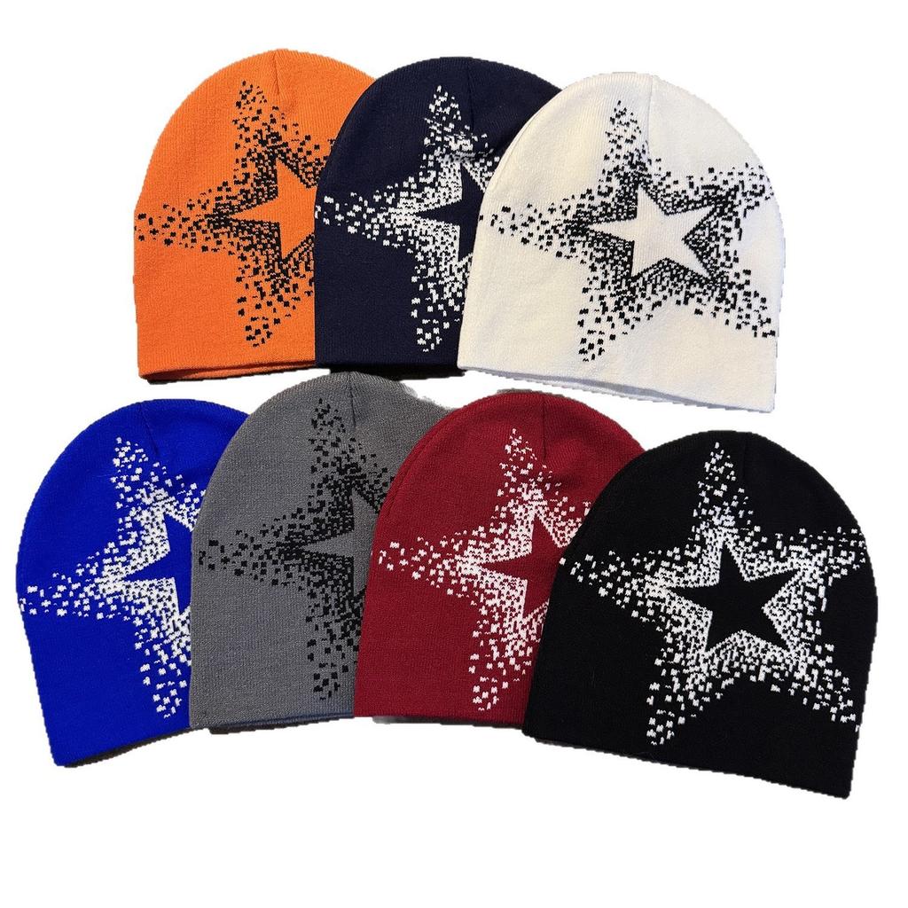 Low MOQ Cuffless Jacquard Acrylic Beanie All Print Y2K Street Hip-hop Fashion Star Pattern Custom Logo Embroidery Travel