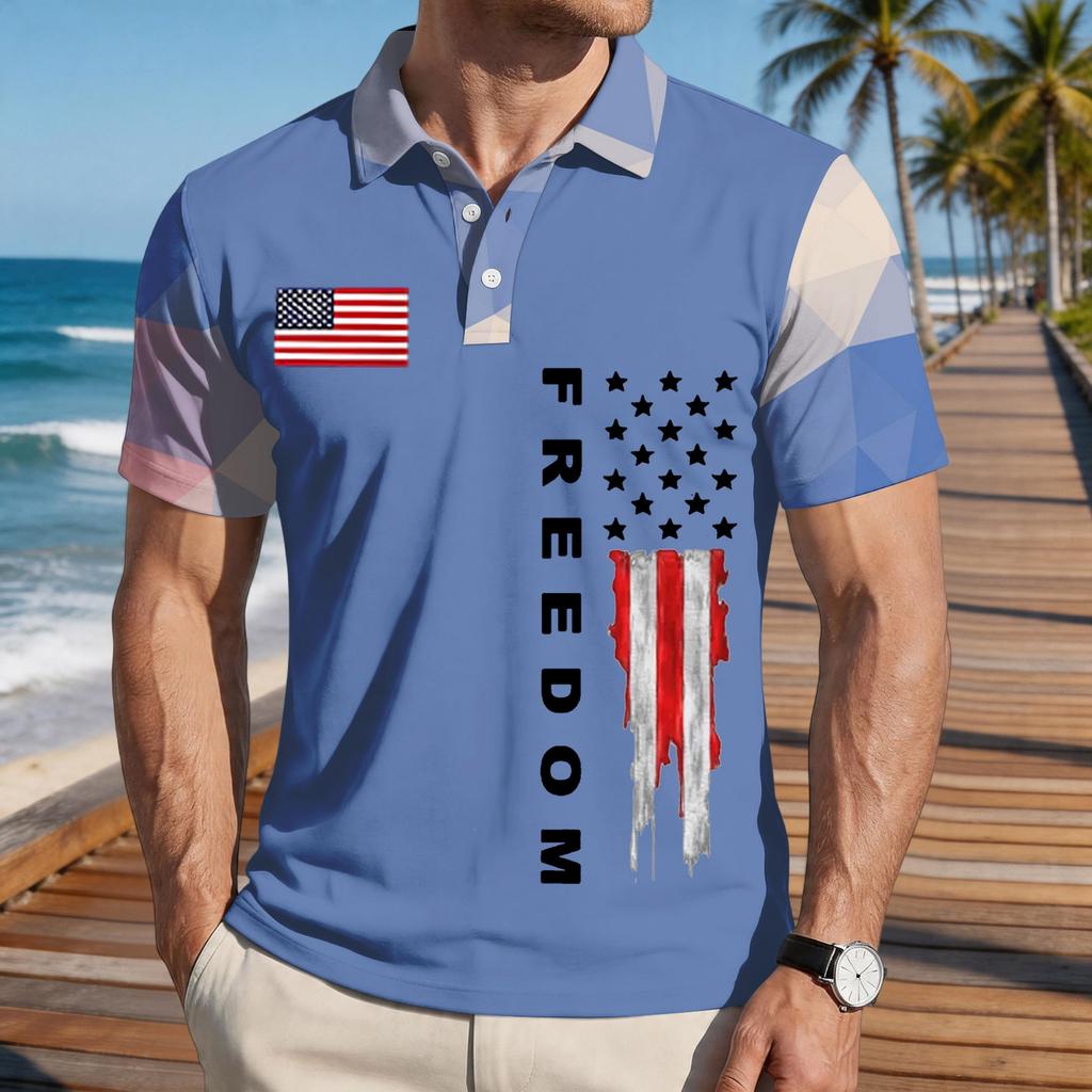 Men's Loose Fit Casual Polo Shirt Short Sleeve Button Down Collar Printed Graphic Tee with Flag Design and Freedom Text