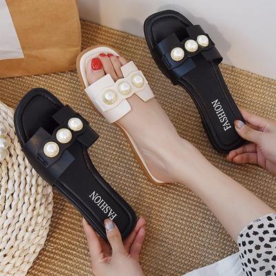 Ladies Pearl Flat Comfortable Outer Wear Fashion Elegant Flat Shoes Slippers Korean Beige Black Low Heel Casual Beach Flip Flops