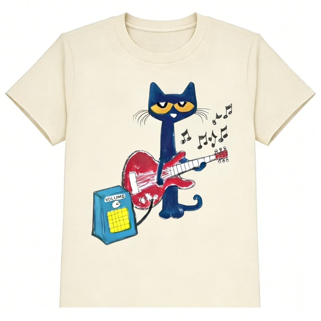 Women Summer Short Sleeve T Shirt Cool Cat Playing Guitar DesignCasual PrintComfortable And VersatileUnisex Style S