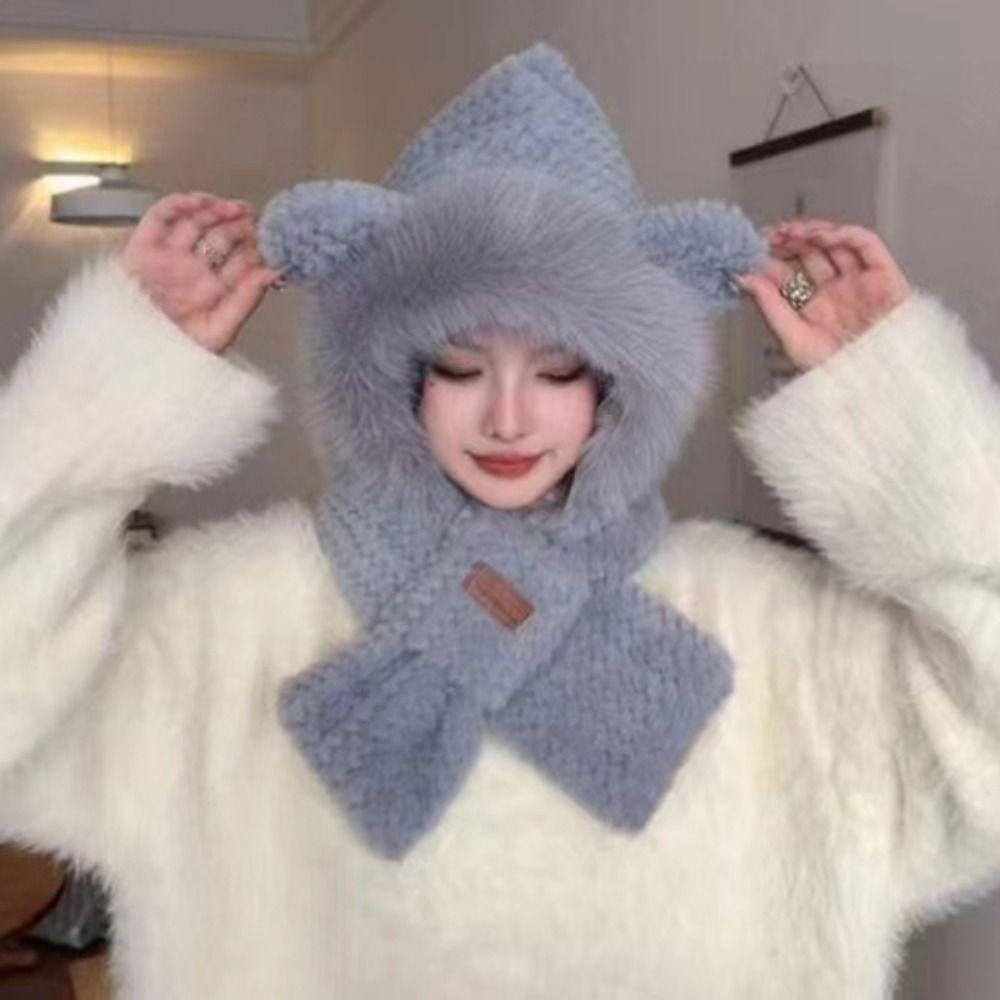 Warm Plush Scarf Soft Winter Neckerchief Cartoon Bear Ear Hat  Ski