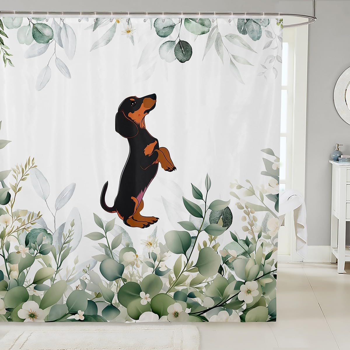 

Erosebridal Cute Dachshund Waterproof Bathroom Curtain for Kids Child Green Eucalyptus Bath Curtain, Pet Animal Shower Curtain 90x180CM