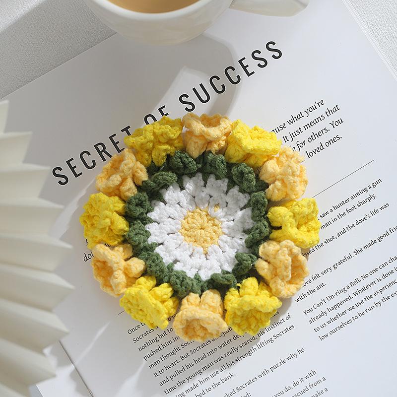 Colorful Handmade Crochet Threedimensional Petal DIY Splicing Bags Clothes Insulated Coaster Cotton Thread Cup Pad Decor Cup Mat