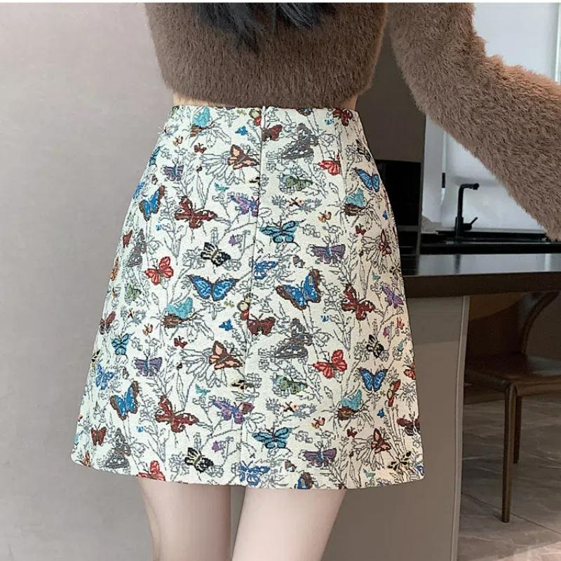 Women Stylish Vintage Butterfly Embroidery Jacquard A-line Skirt Streetwear Y2K Harajuku High Waist Sweet Chic Slim Mini Skirts