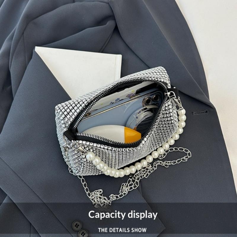 Fashion Rhinestone Shoulder Bag Pearl Chain Bag Phone Pouch Zipper Crossbody Bag Or Women Handbag