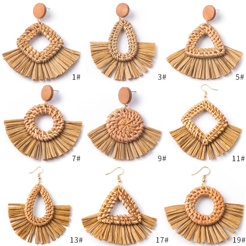 Hand-Woven Geometric Rattan Raffia Earrings, Retro Resort Fan Stud Earrings, Earrings For Women