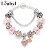 New Valentine's Romantic Pink Heart Charm Bracelet & Bangle Fine Crystal Diy Bead Bracelet Jewelry for Women Girl Gift