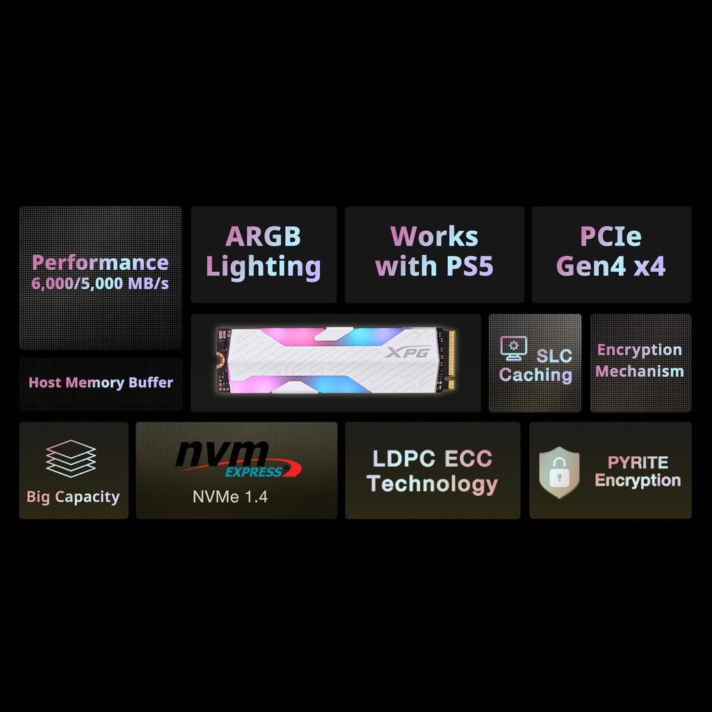 XPG SSD SPECTRIX S65G 1000GB PCIe Gen4x4 2280 Maximum Read Speed PS5 Compatible with Heatsink RGB [ADATA] M.2 6000MB/sec SSPECTRIXS65G-1000G-CI-I
