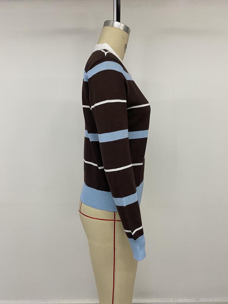 2026 A/W Retro Maillard Color Block Striped Polo Sweater