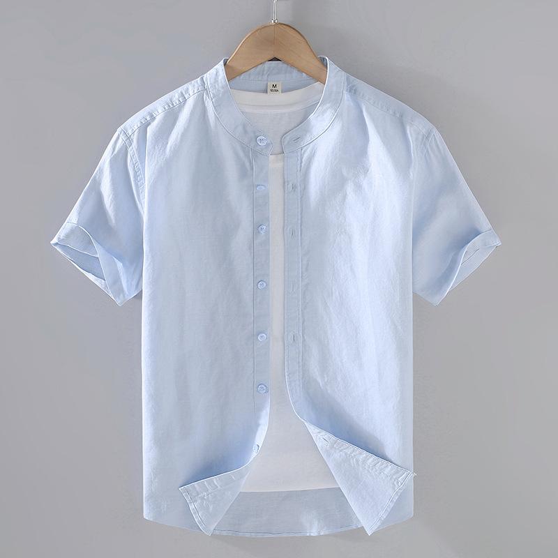 Cotton Linen Men's Short-Sleeved Shirts Summer Streetwear Plain Color Stand Collar Casual Beach Style Plus Size XS-3XL