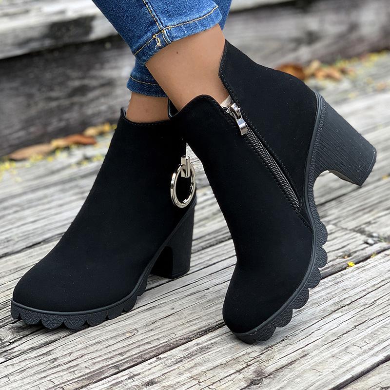 Woman Ankle Boots Spring Autumn Pointed Toe Low Heel Single Boots Black Heeled Suede Thick Heel Black Short Boots Plus Size 42