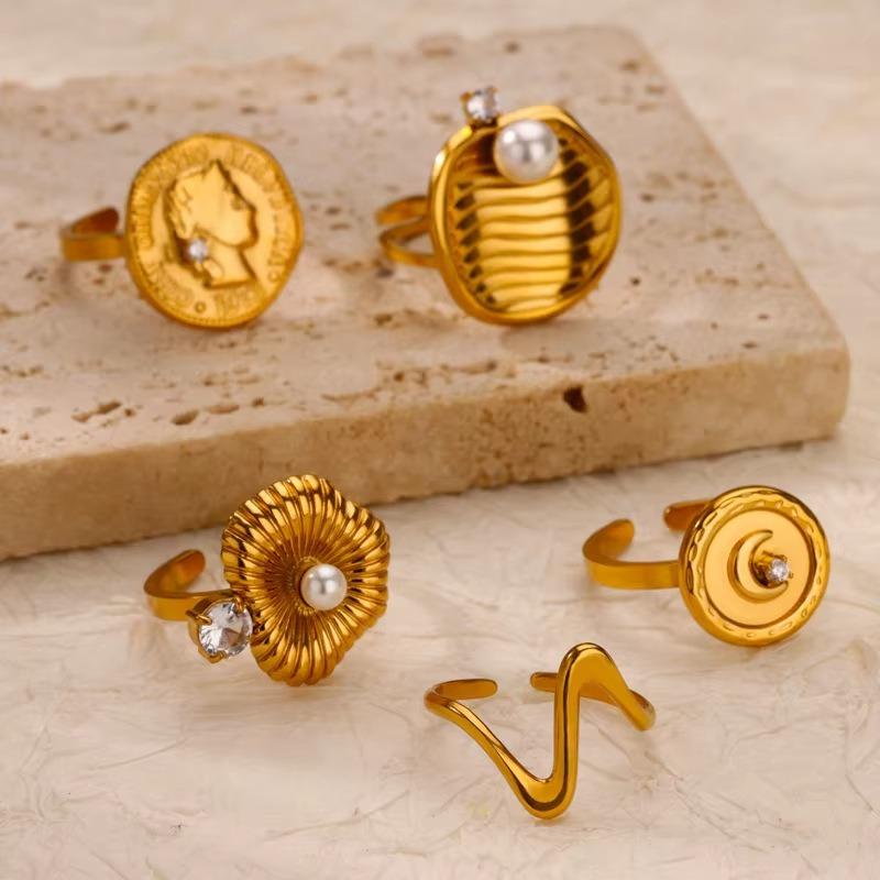 K Gold Plated Stainless Steel Pearl Ring Shell Ring Gold Plated Head Jewelry Open Ring