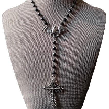 

Punk Rock Sliver Color Bat Hollowed-out Pattern Cross Pendant Black Bead Chain Necklace for Women Men Hallowmas Y2K Jewelry Gift