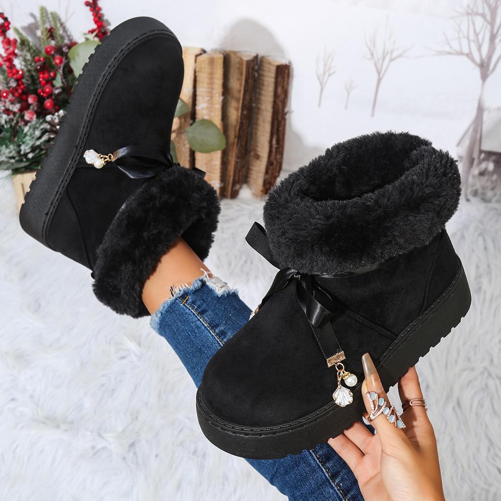 Winter thickened cotton boots new warm fur integrated short thick-soled snow boots bow-turned warm boots