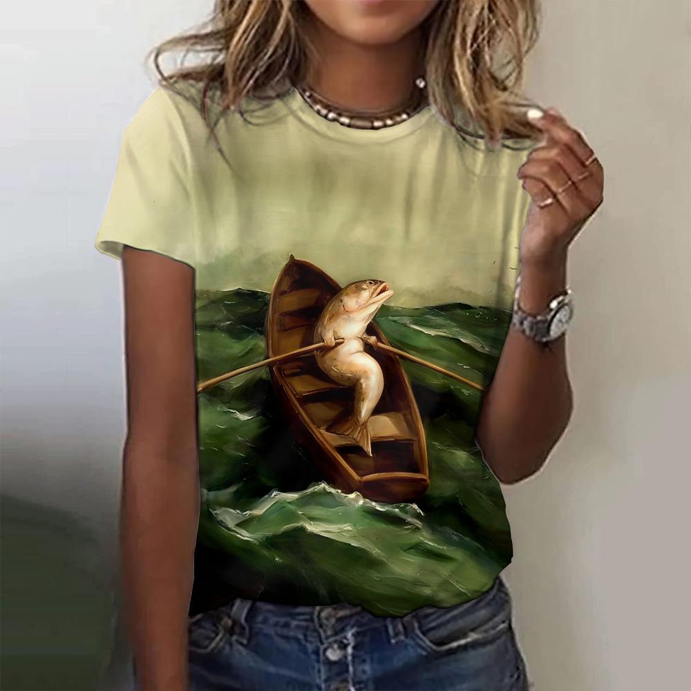 Summer Round Neck Harajuku Women's Top Fashion 3d Cartoon Printed Pattern T-Shirt Casual Loose Retro Short Sleeve T-Shirt