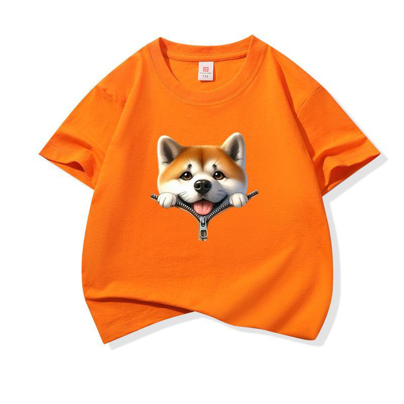 Kids Pure Cotton T Shirt Adorable Dog Zipper Print Crew Neck Short Sleeve Tee Casual Breathable Boys Girls Summer Tops