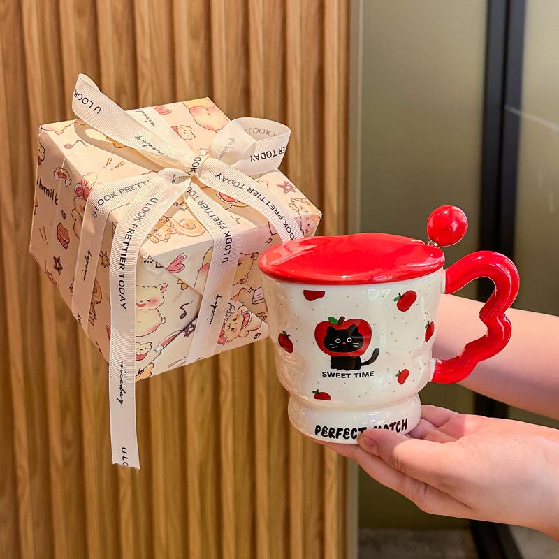 Birthday Gift for Girls Best Friend Creative Cat Ceramic Mug with Lid Teacher Classmate Souvenir Gift Box
