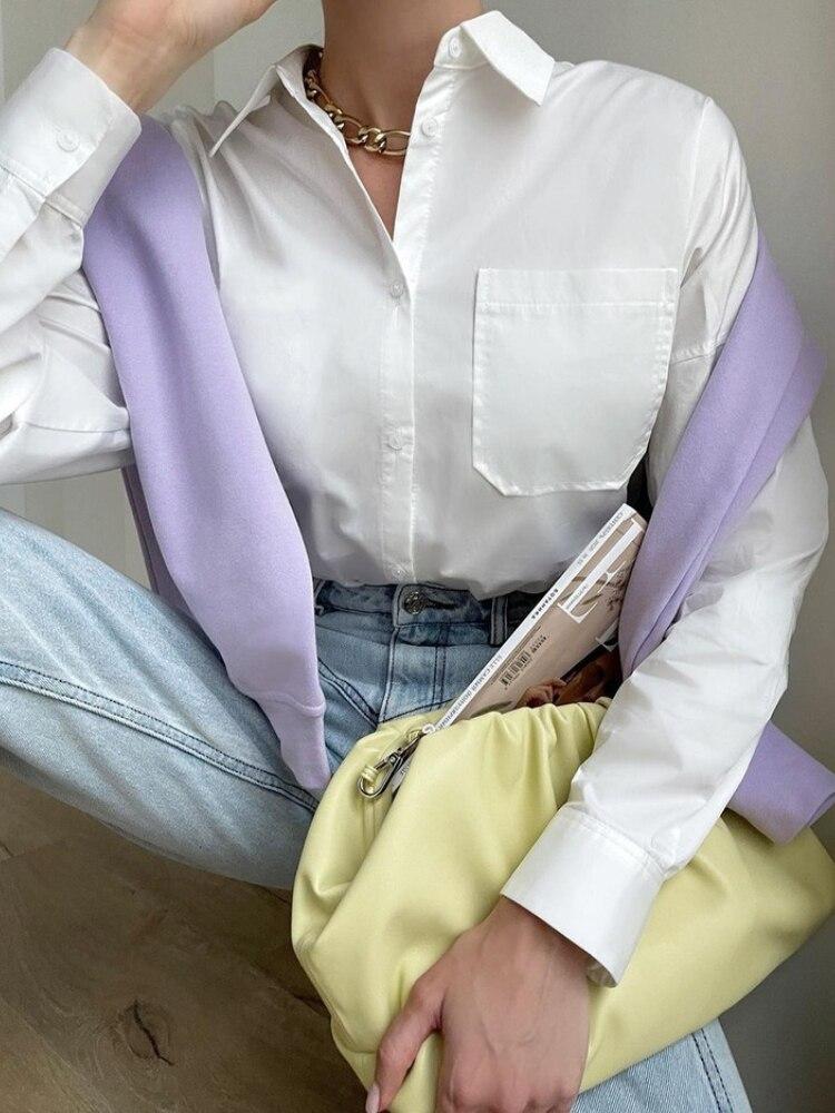 

blusas літній топ жіночі жіночі сорочки Жіноча зелена біла сорочка Блузки топи з довгим рукавом overisze жіноча блузка vetement femme L білий