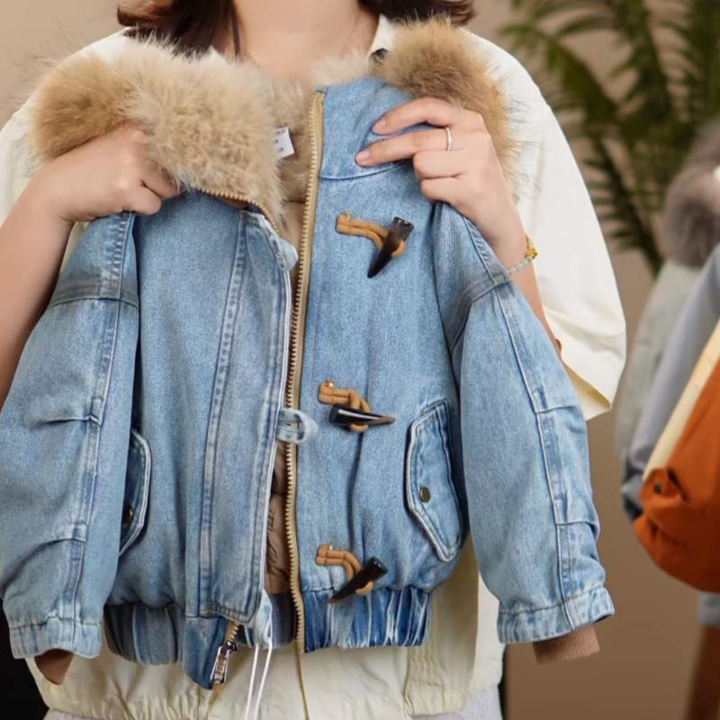 Giacca di Cotone per Bambini Invernale Ragazzi e Ragazze Giacca con Cappuccio in Denim Imbottita in Cotone Collo Grande in Lana Cappotto di Cotone Casual Parka