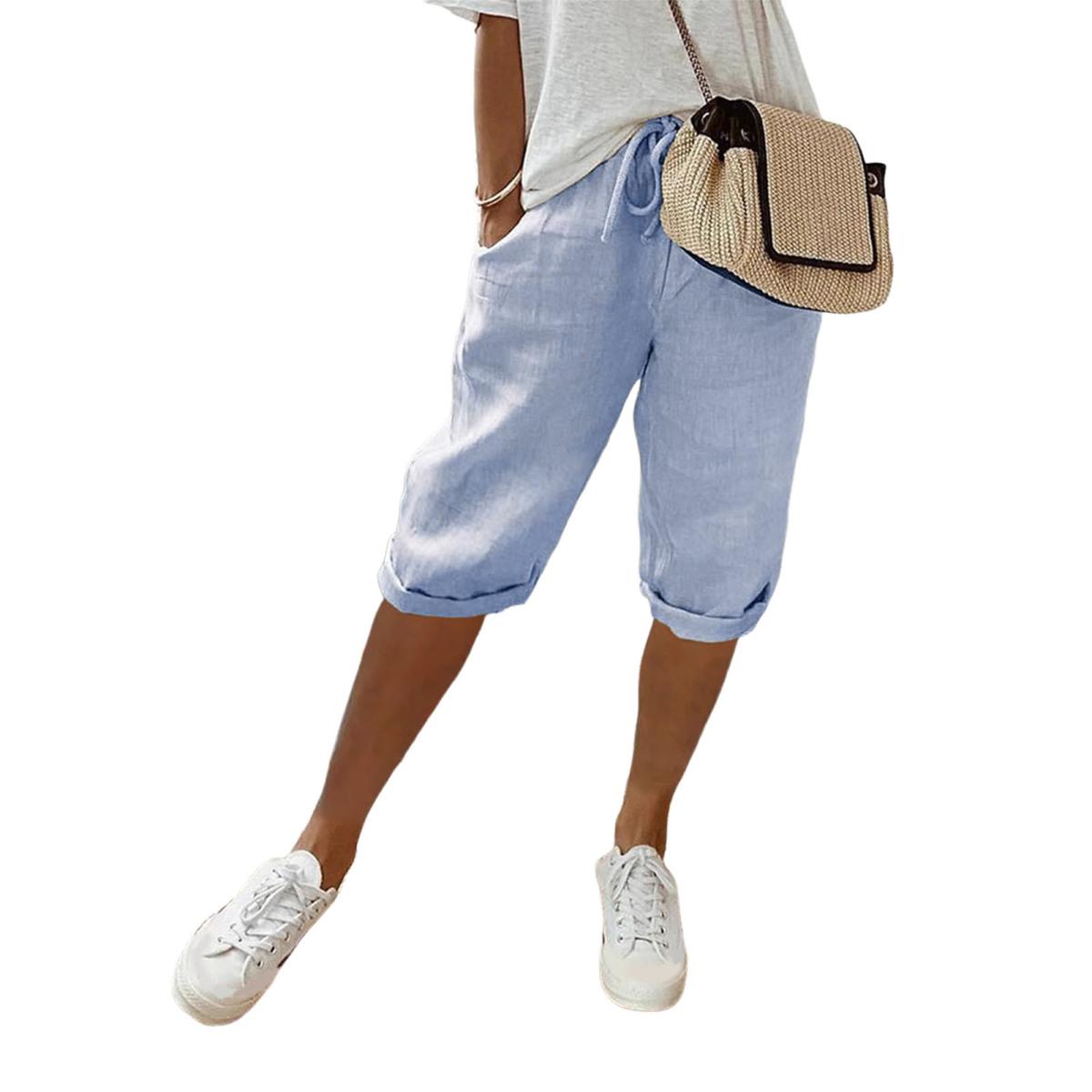 

Женские брюки Yousheng, свободные, с эластичной резинкой на талии, повседневные, однотонные, с карманами, длиной до колена, для повседневной носки, для спорта и пляжа L небесно-голубой