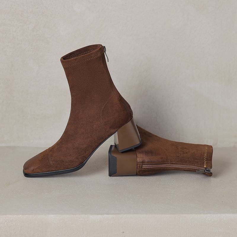 Krazing Pot Microfiber Flock Square Toe Winter Thick High Heels Fashion Boots Women Size 42 Elegant Patch Work Ankle Boots