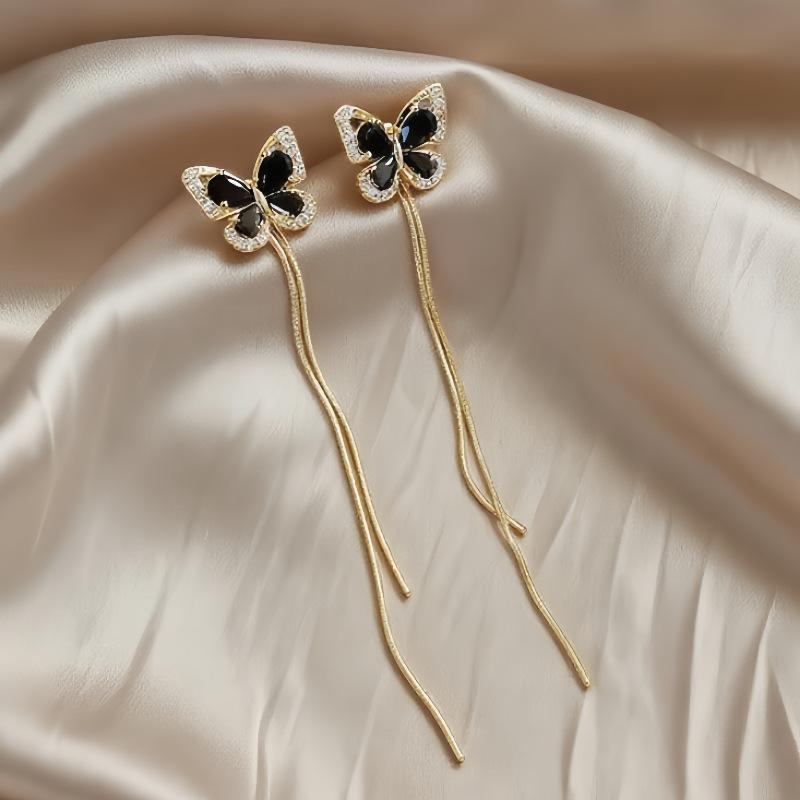 Black Butterfly Tassel Earrings for Women Convertible Chain Female Dangle Earring