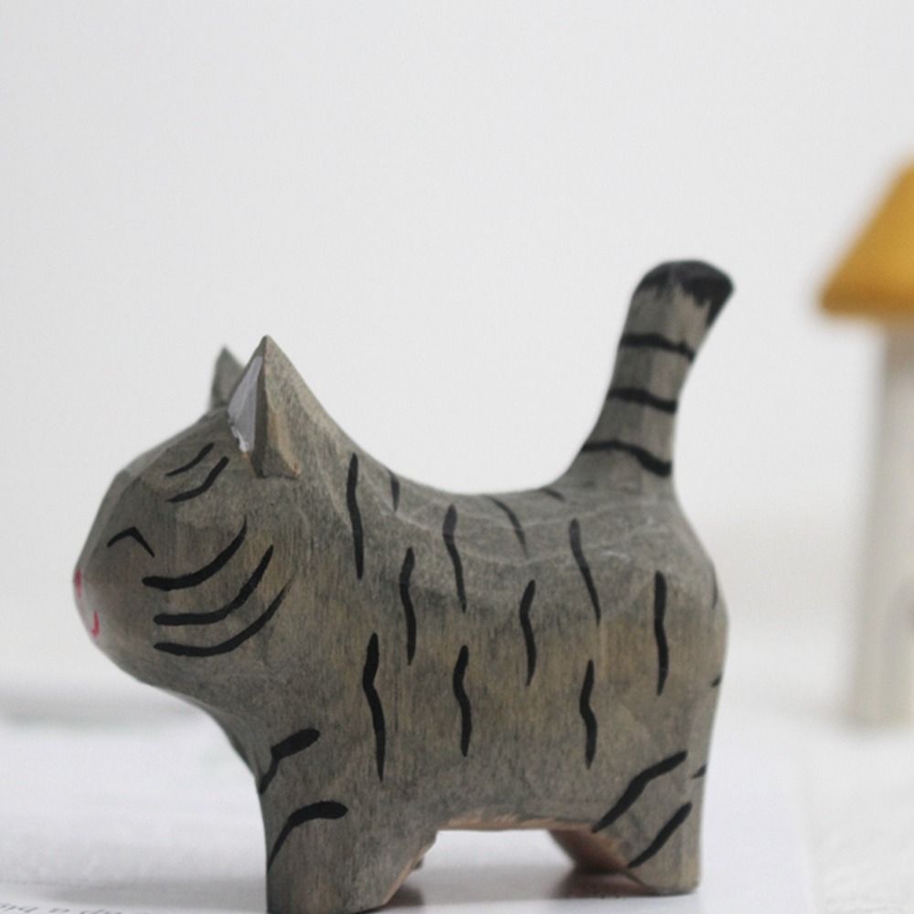 Handmade Cat Figurines Orange Cat Wood Carving Kitten Decoration Crafts   Desktop